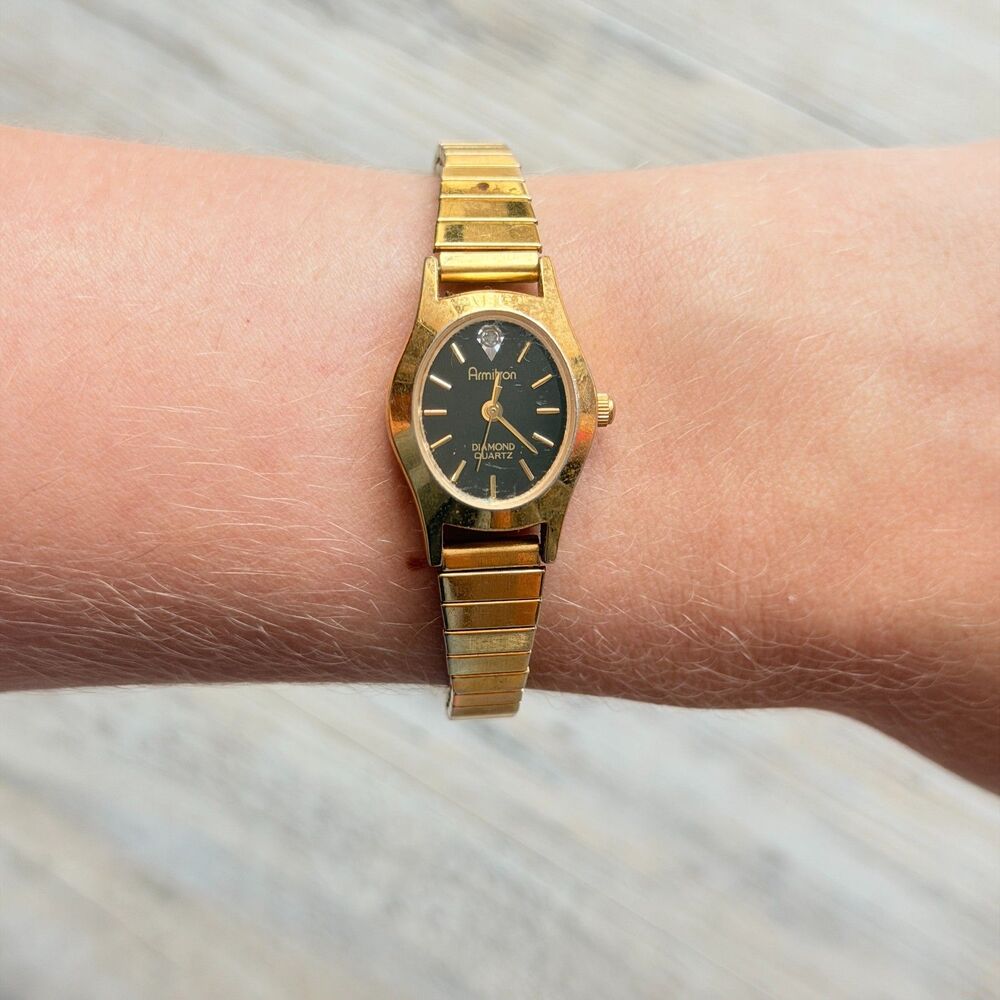 Vintage Armitron Diamond Quartz Gold Tone Watch Black Dial Dainty Working
